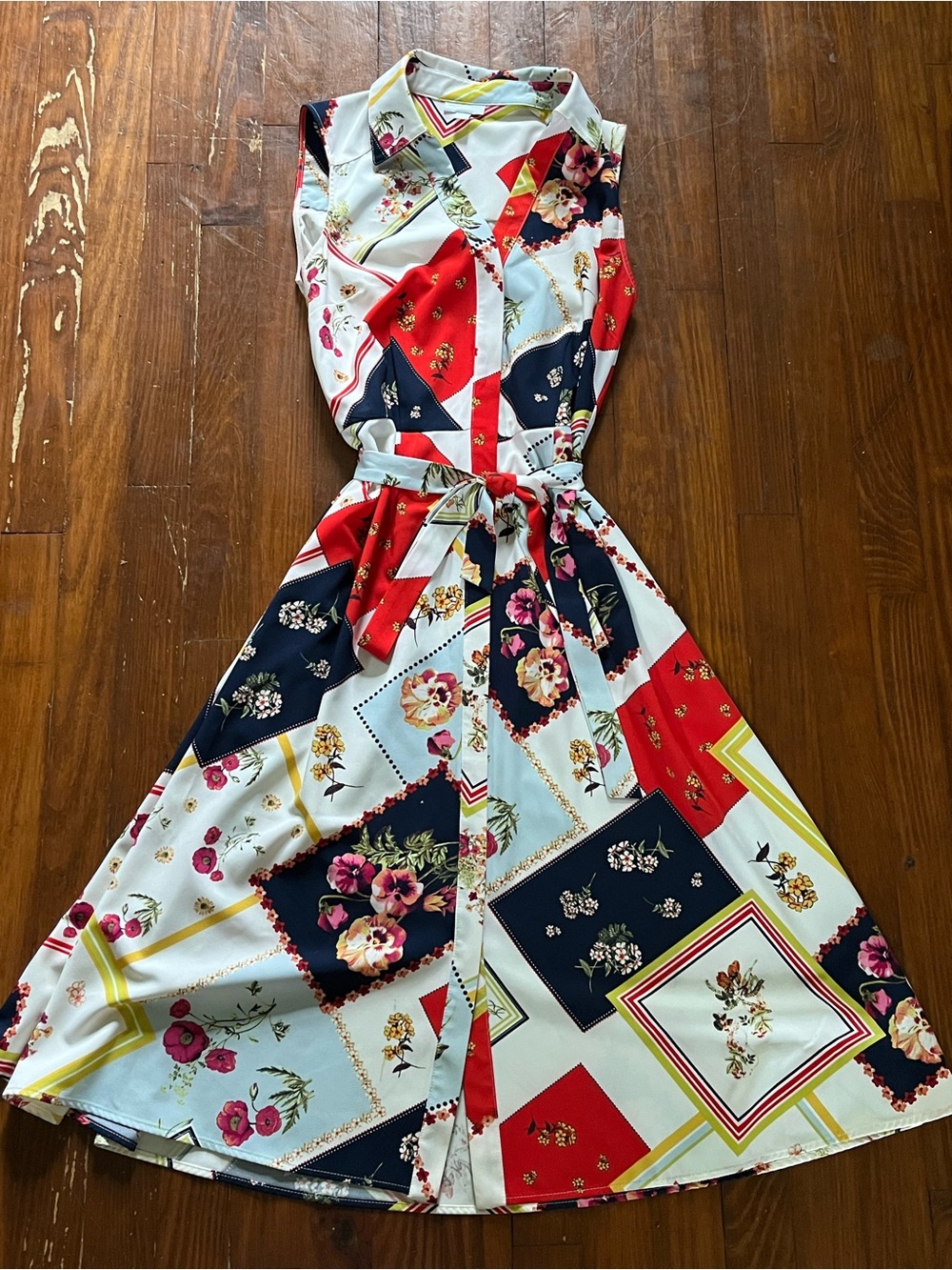 New York & Company Floral Patchwork Midi Dress - Red, Navy & White Medium